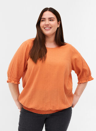 Katoenen blouse met smokwerk en korte mouwen, Brandied Melon, Model image number 0