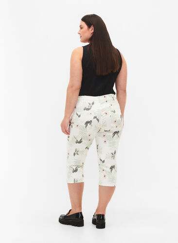 Capri jeans met bloemenprint en hoge taille, White Flower AOP, Model image number 1