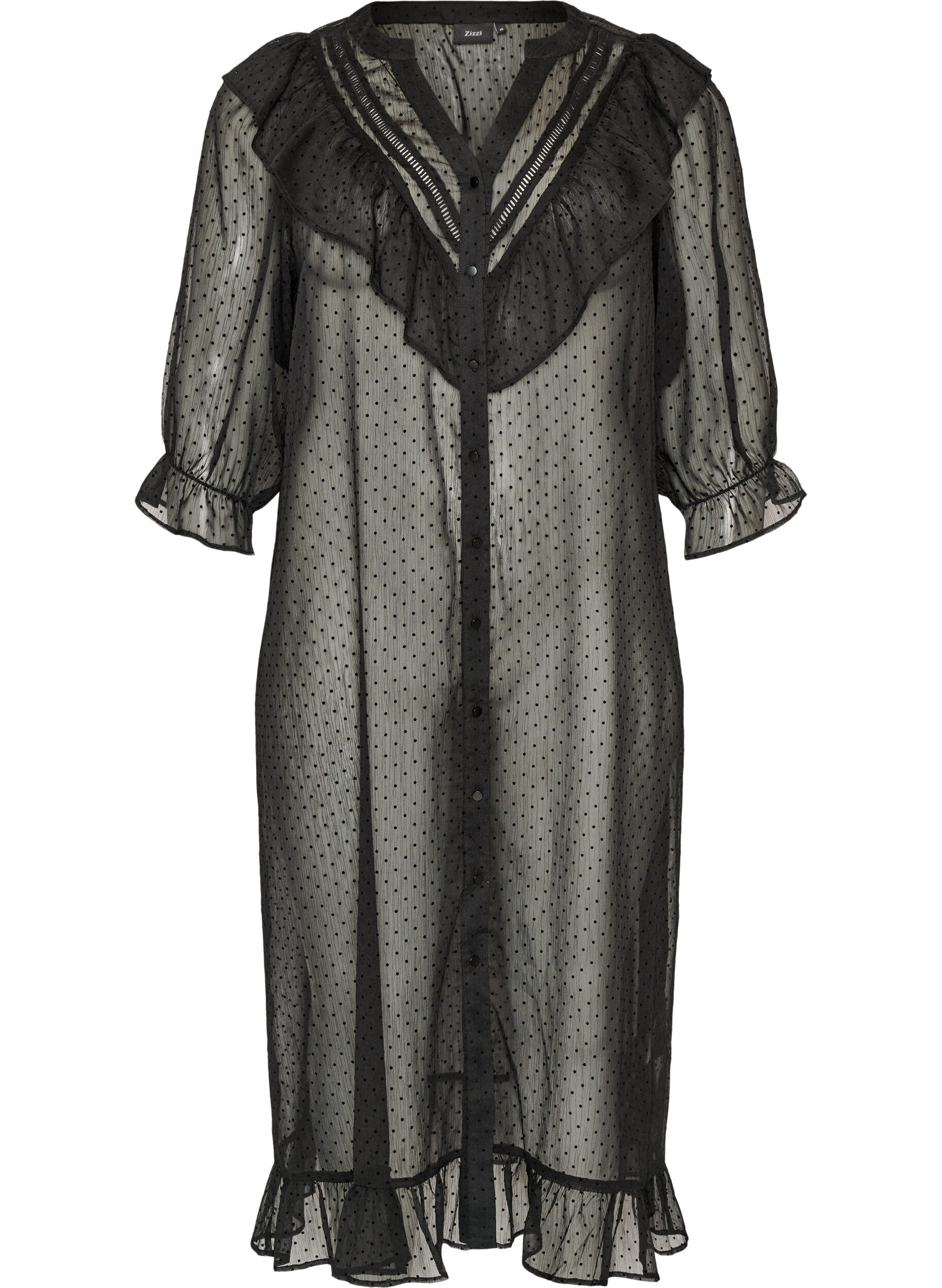 ZizziRobe midi en tissu l&eacute;ger et vaporeux &agrave; pois, avec des volants, Noir, Packshot image number 0