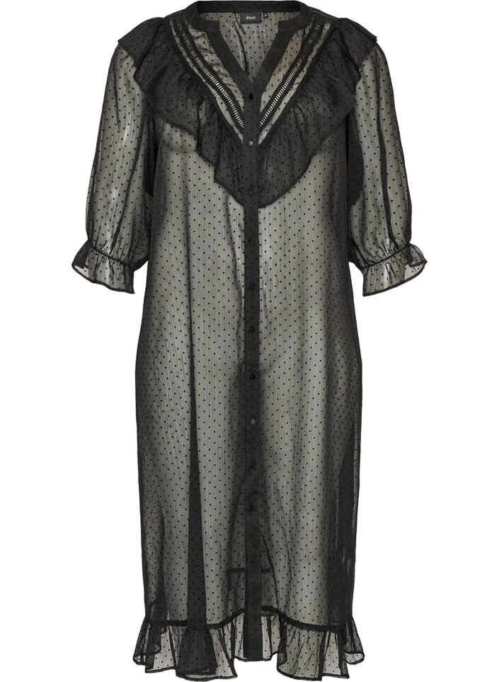 Robe midi en tissu l&eacute;ger et vaporeux &agrave; pois, avec des volants, Noir, Packshot image number 0
