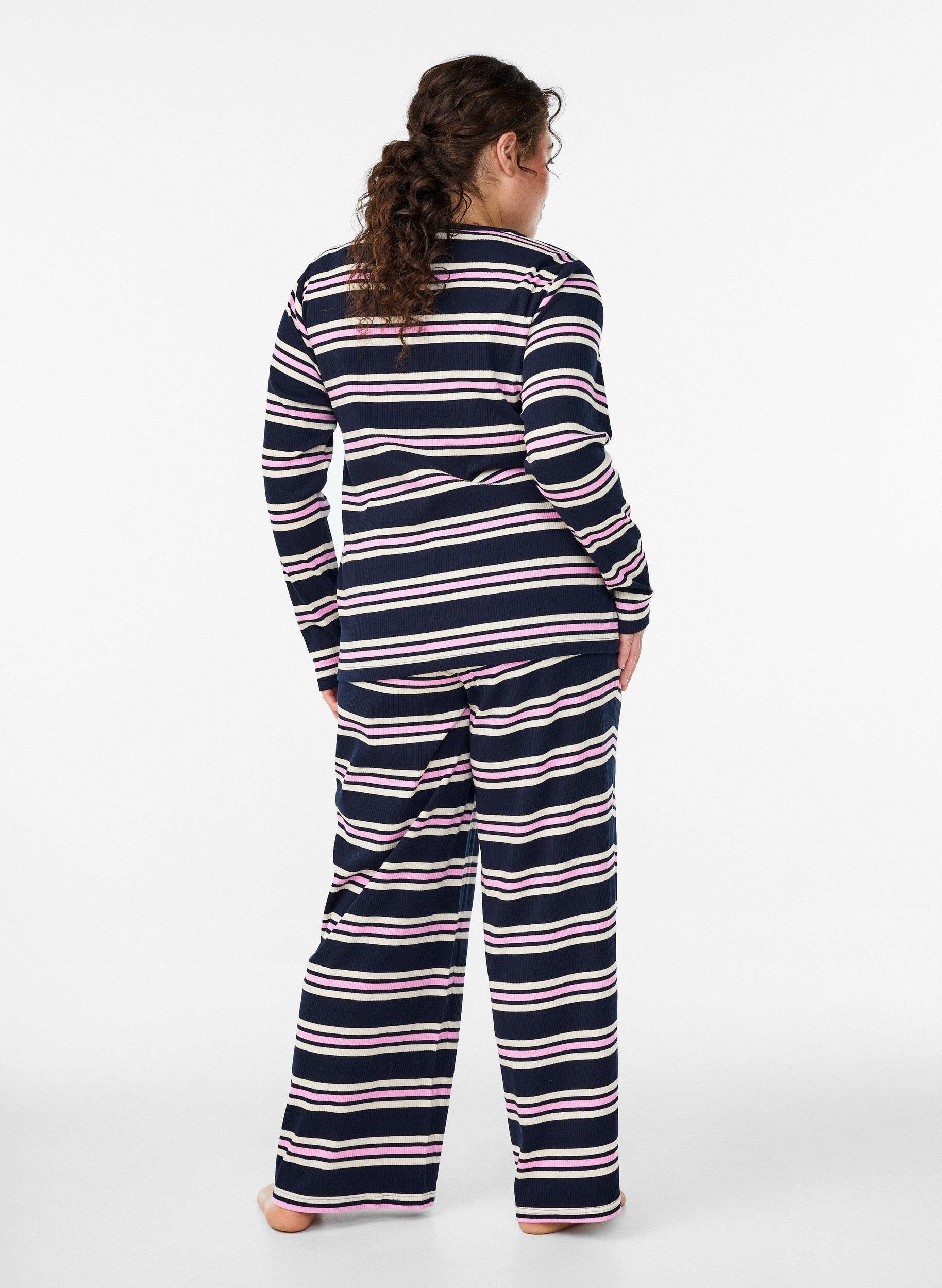 ZizziGestreepte pyjamabroek met wijde pijpen, Blauw, Model image number 2