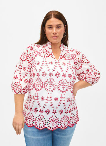 3/4 mouwen blouse met contrasterend broderie anglaise, White w. Red, Model image number 0