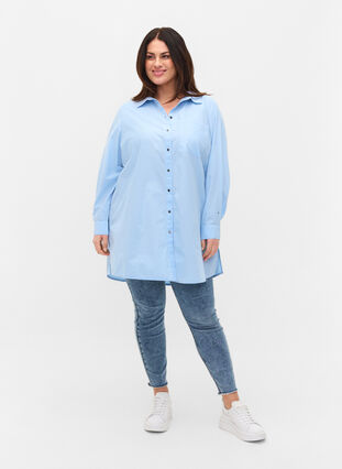 Lang katoenen blouse met kraag en knoopsluiting, Chambray Blue, Model image number 3