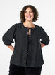 Blouse met krijtstrepen en strikjes, Zwart, Model image number 0