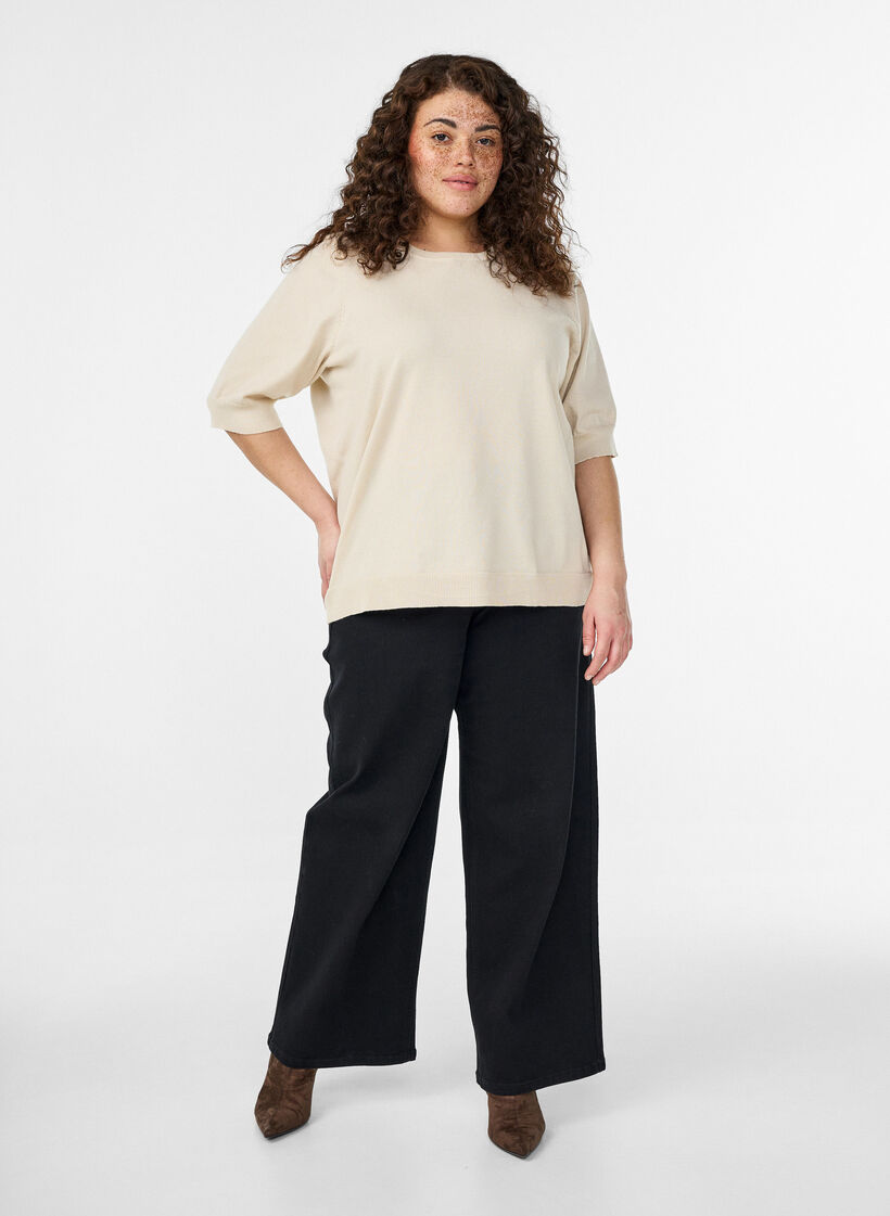 Blouse en fine maille &agrave; manches courtes, Beige, Model image number 1
