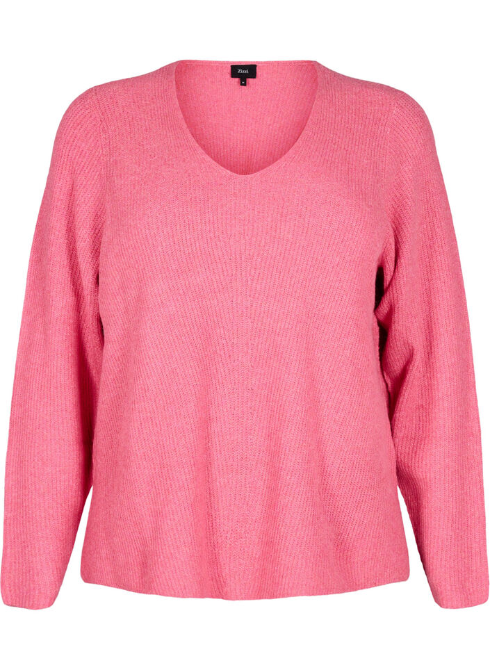 Gebreide blouse met V-hals en lange mouwen, Bubblegum Wh. Mel., Packshot image number 0