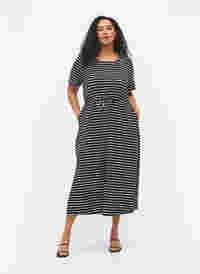Gestreepte katoenen midi-jurk met korte mouwen, Black Stripe, Model