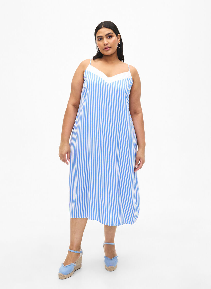 FLASH - Gestreepte bandjesjurk van viscose, L. Blue White Stripe, Model image number 0