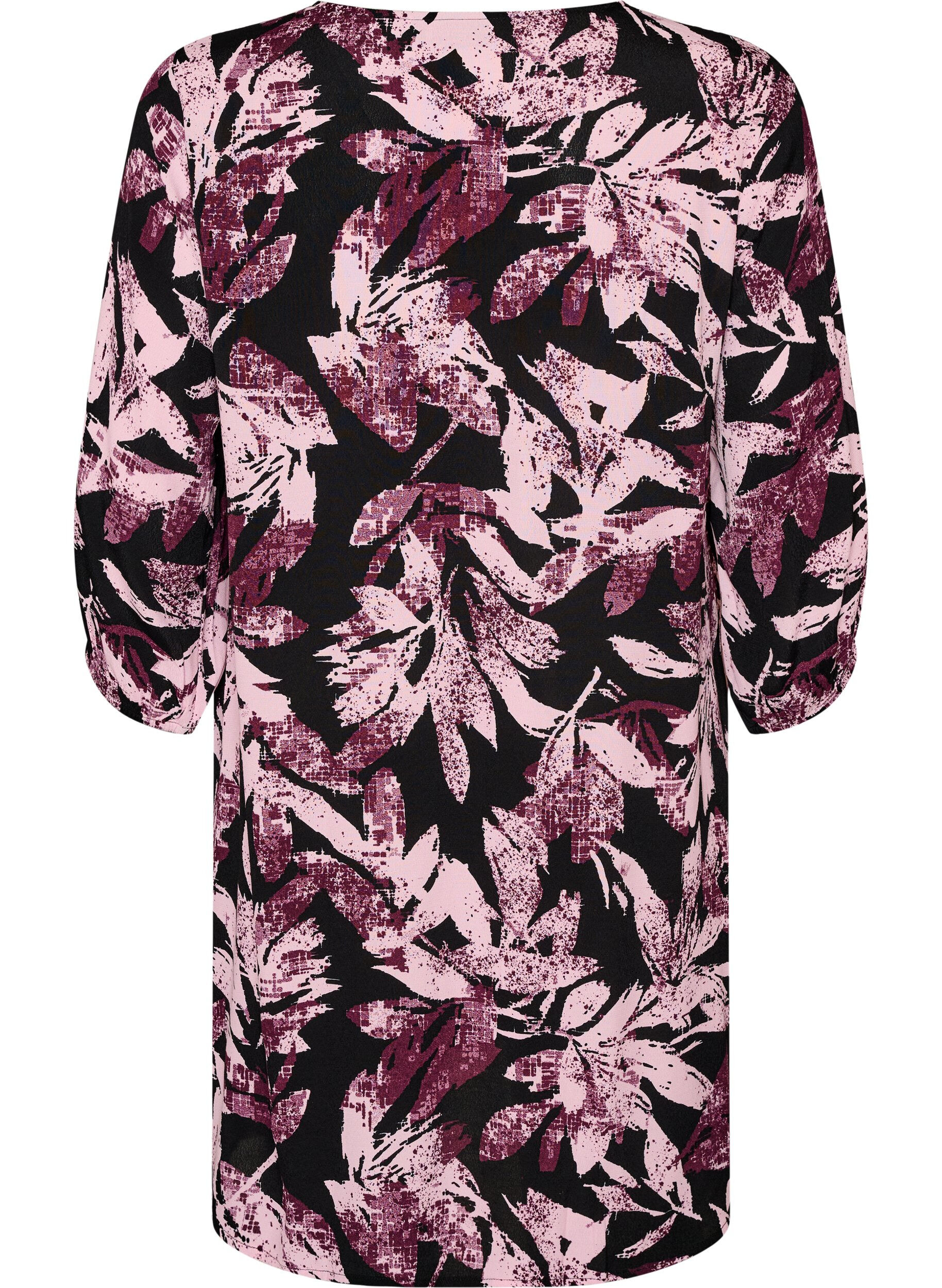 ZizziRobe courte fleurie en viscose &agrave; manches 3/4, Noir, Packshot image number 1