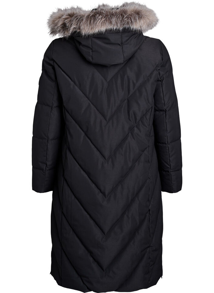 Lange winterjas met haaksluitingen en een nep bontkraag, Zwart, Packshot image number 1