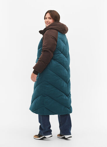 Lange kleurblokken winterjas met capuchon., Deep Teal Comb, Model image number 1