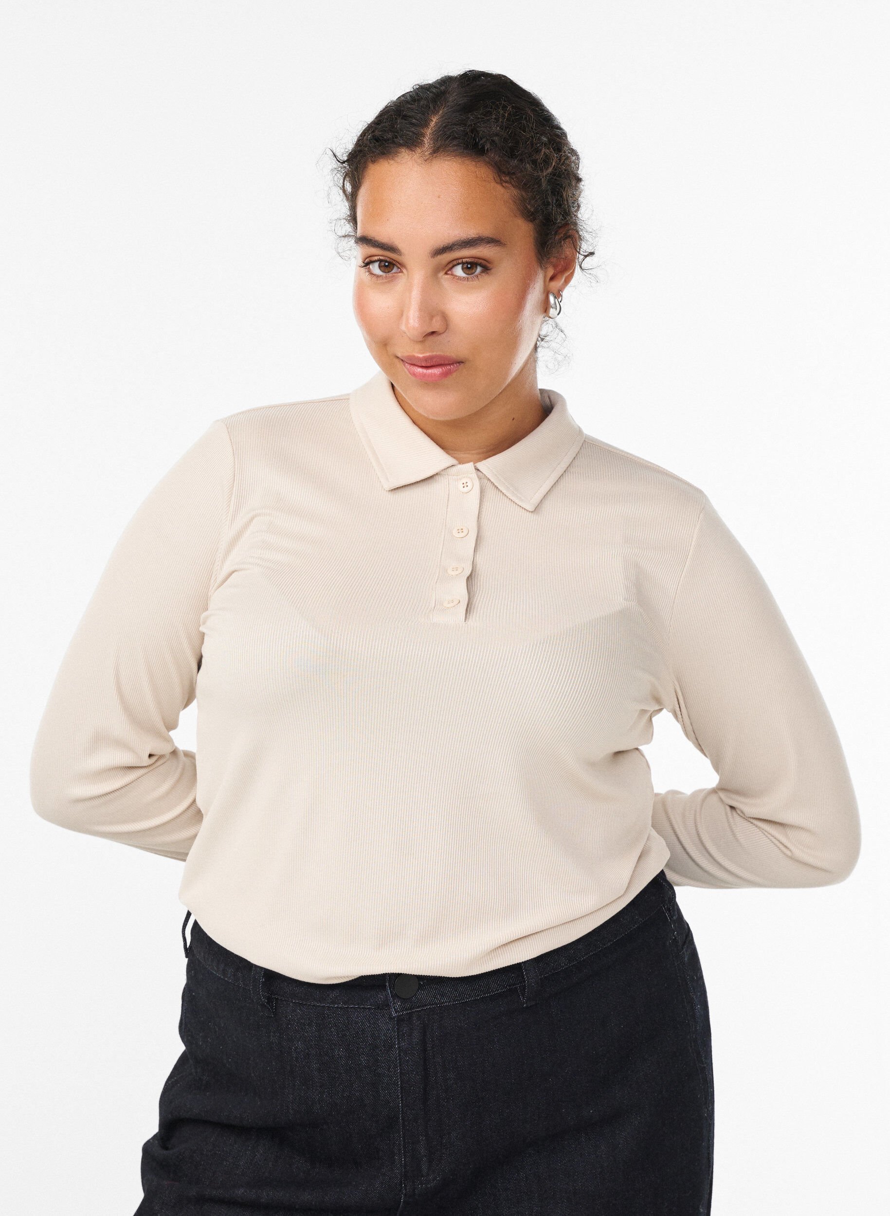 Polo in zachte rib met lange mouwen, Beige, Model