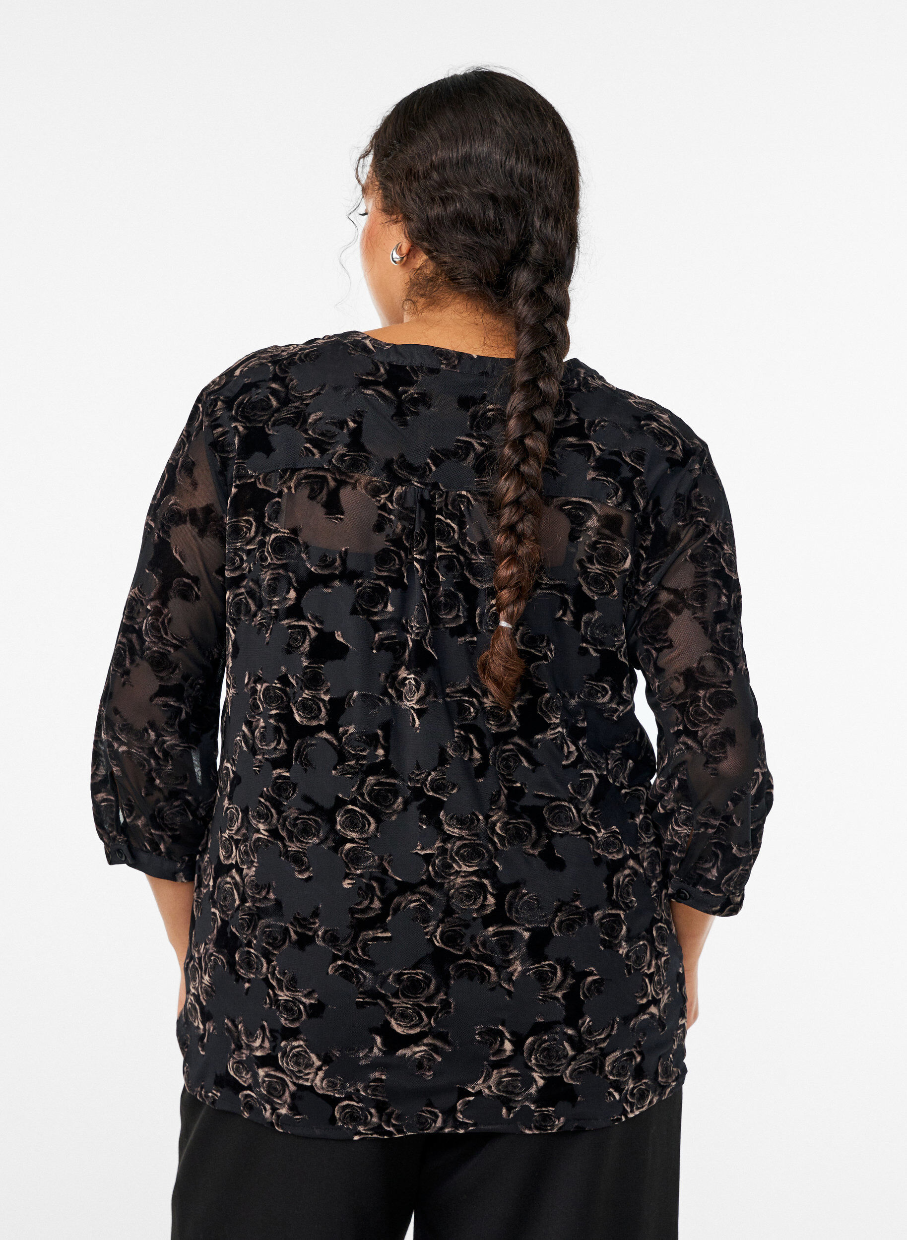 ZizziMesh blouse met 3/4 mouwen en velourrozen, Zwart, Model image number 2