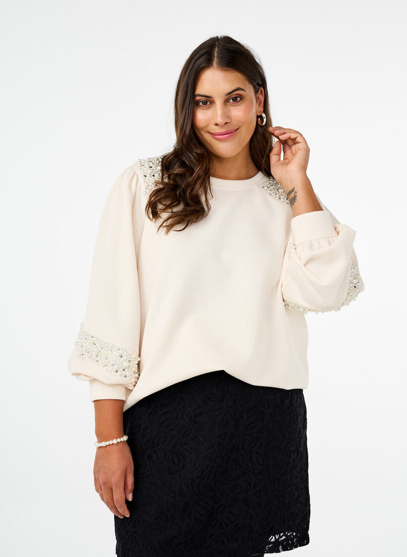 Sweat-shirt avec détails en perles, Buttercream, Model image number 0