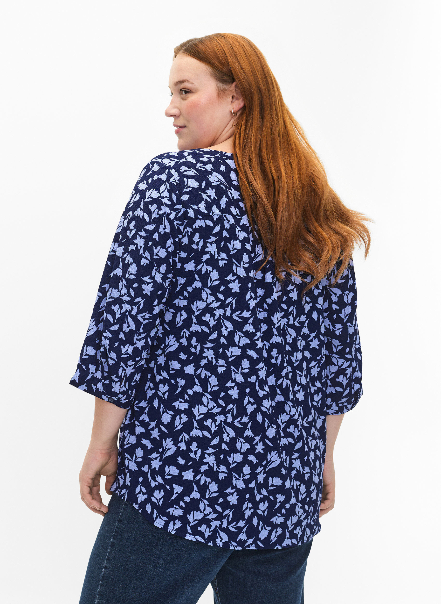 ZizziGebloemde blouse met 3/4 mouwen, M. Blue Flower AOP, Model image number 1