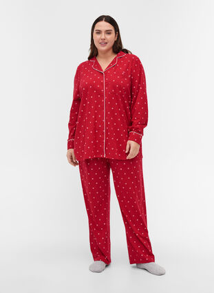 Katoenen pyjama blouse met print, Tango Red AOP, Model image number 2