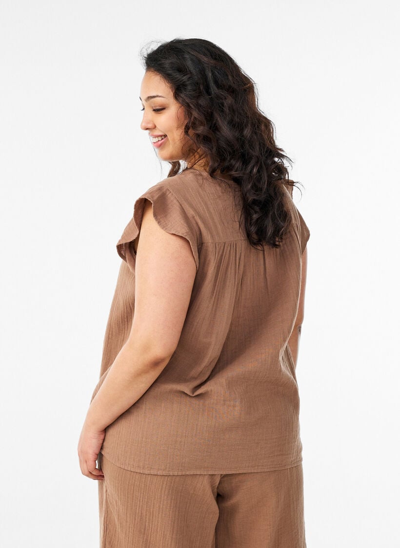 Top sans manches en mousseline de coton avec volants, Marron, Model image number 2