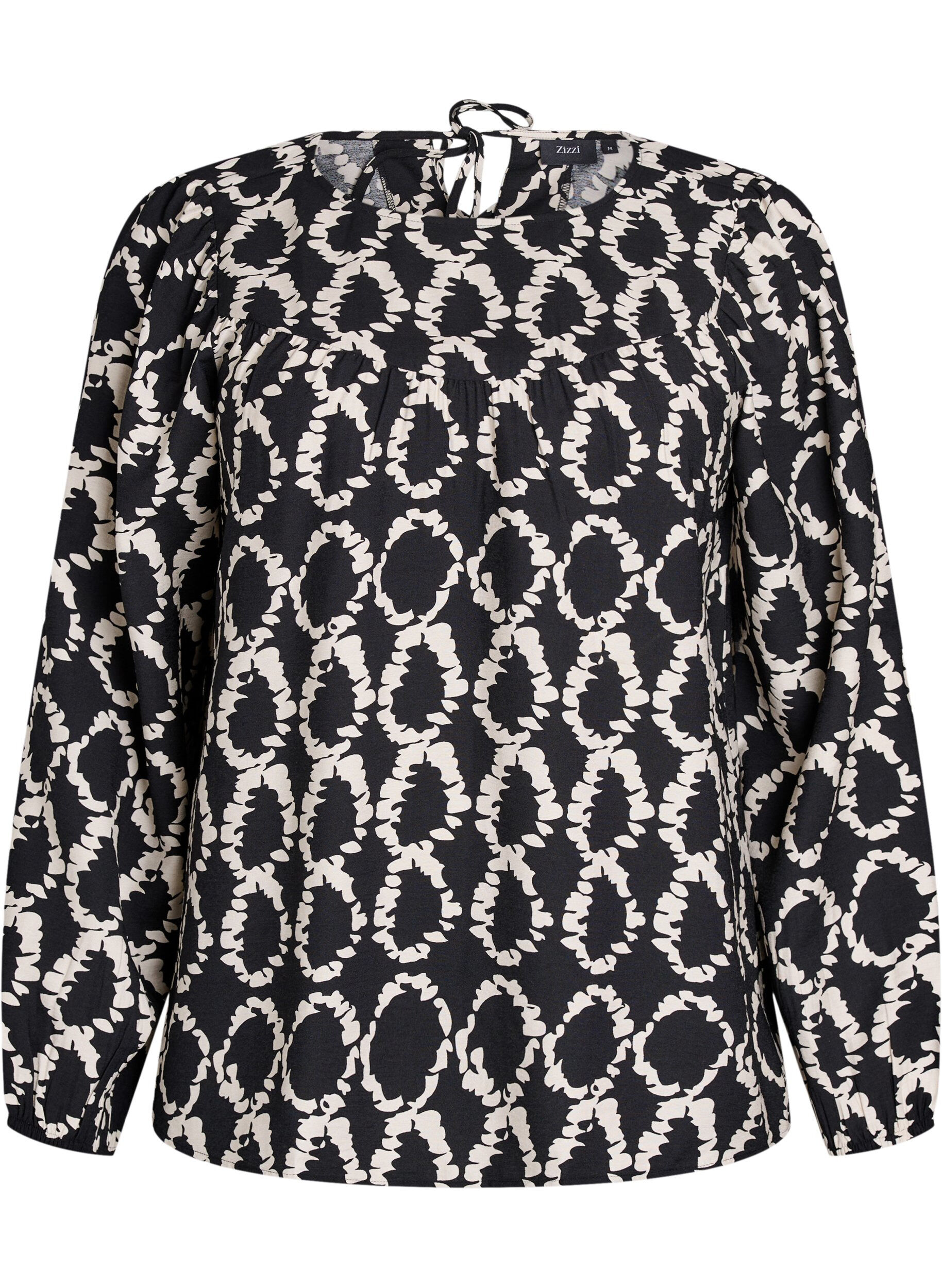 ZizziBlouse met lange mouwen, print en strikjes, Zwart, Packshot image number 0