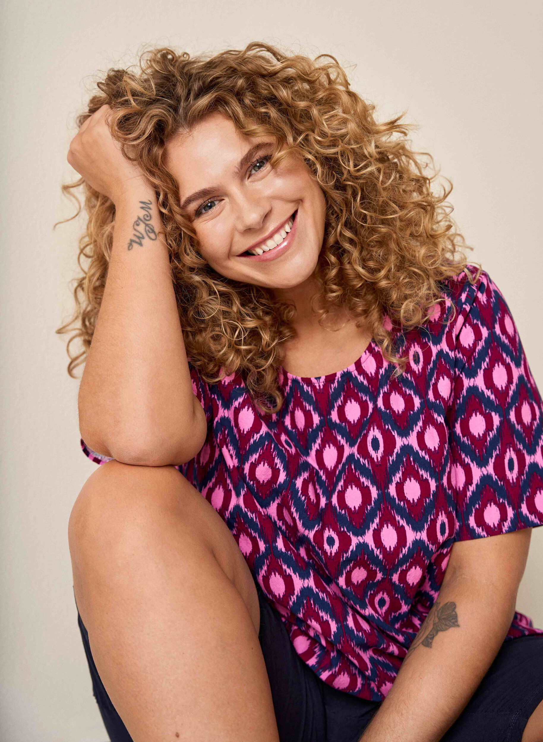 ZizziKatoenen blouse met print en korte mouwen, Roze, Image image number 0