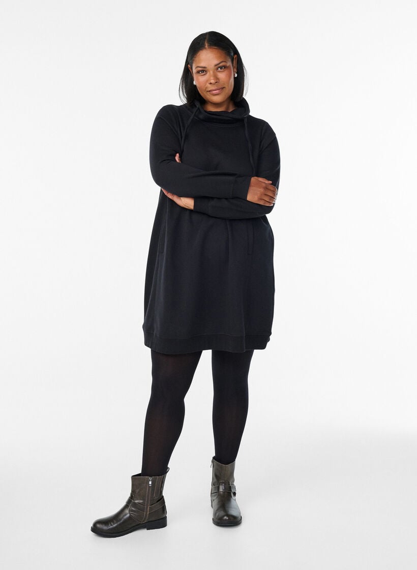 Robe sweat-shirt courte &agrave; col montant et poches, Noir, Model image number 1