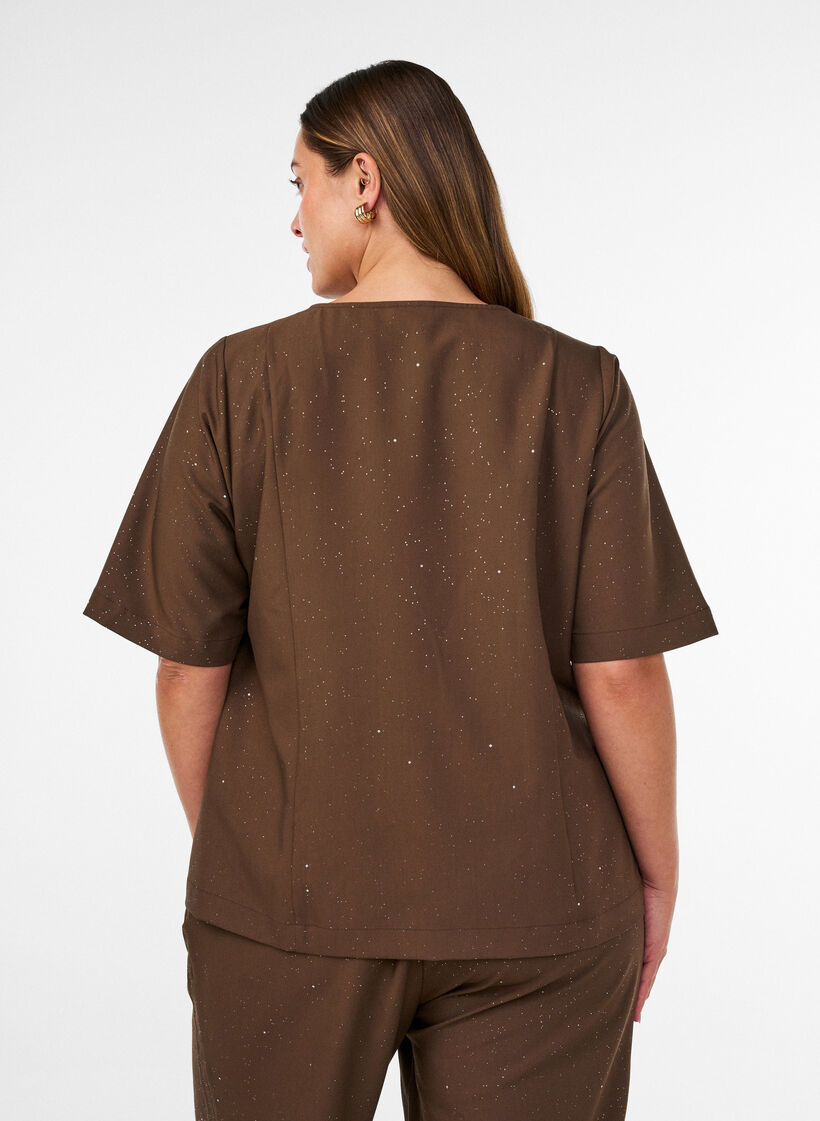 Blouse met glitter en V-hals, Bruin, Model image number 2