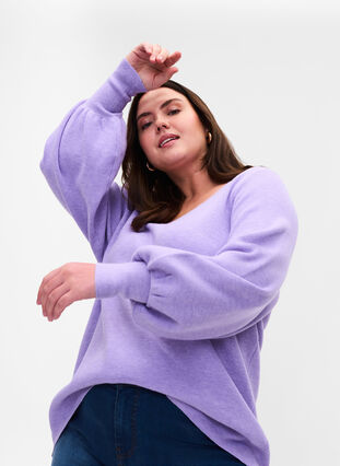 Pull en tricot à col en V et manches ballon, Purple Rose Mel, Model image number 2