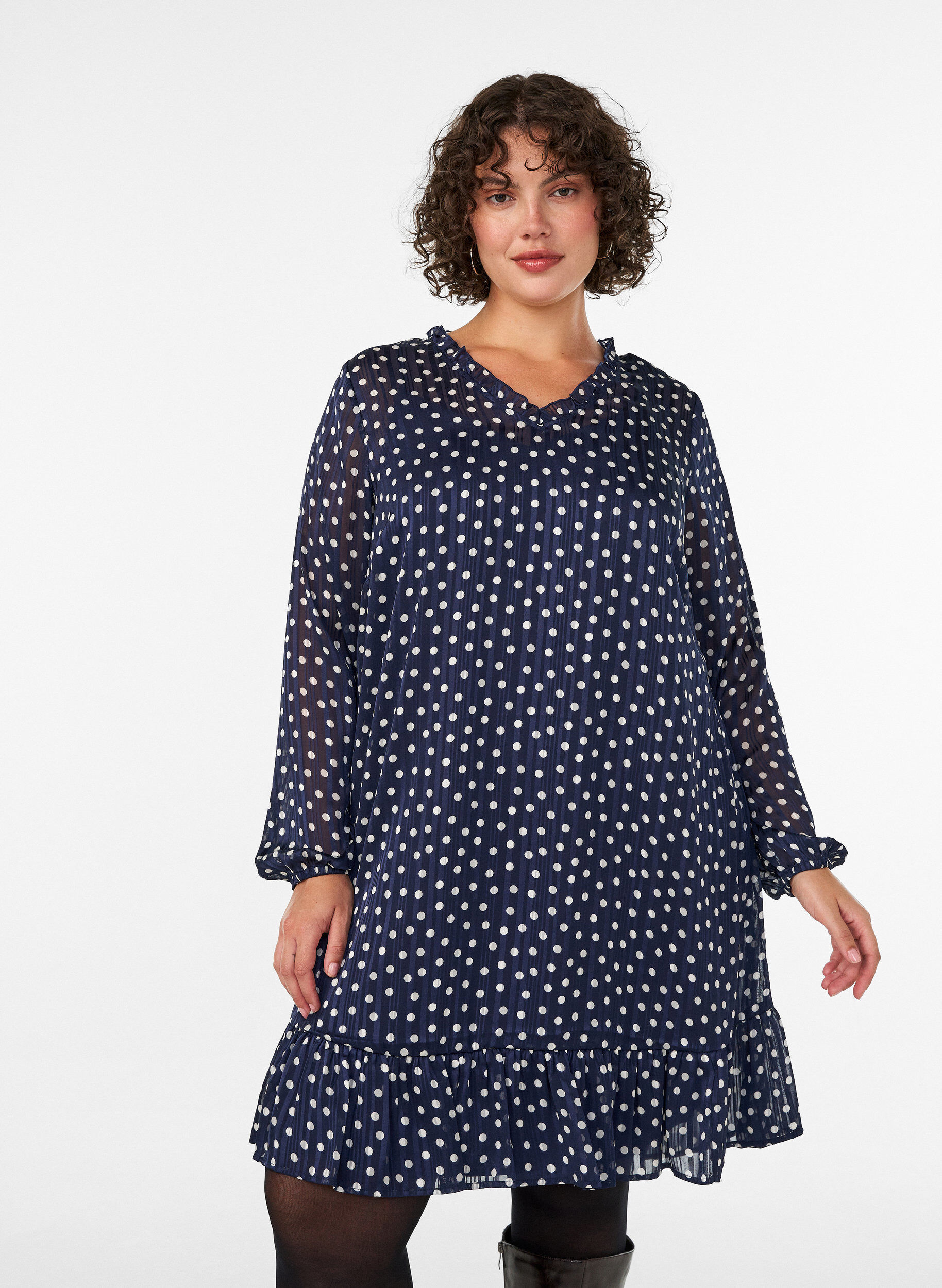 ZizziJurk met patroon, ruches en lange mouwen, Blauw, Model image number 0