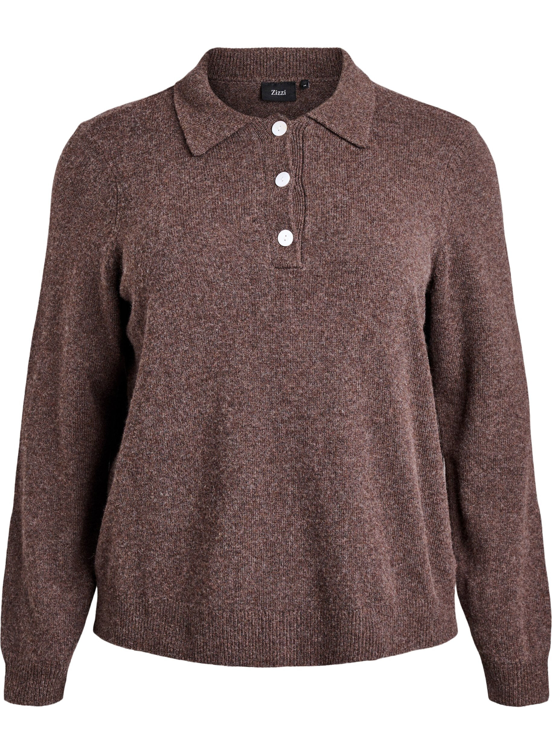 ZizziGebreide blouse in een zachte merinoblend met polokraag, Bruin, Packshot image number 0
