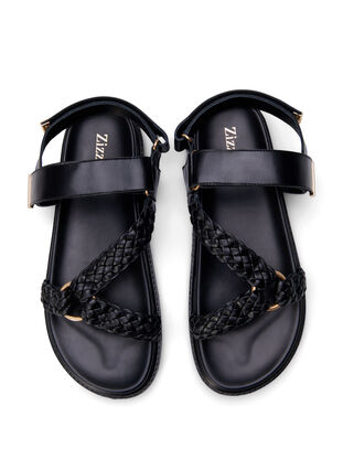 Leren sandaal met gevlochten bandjes en brede pasvorm, Black, Packshot image number 2