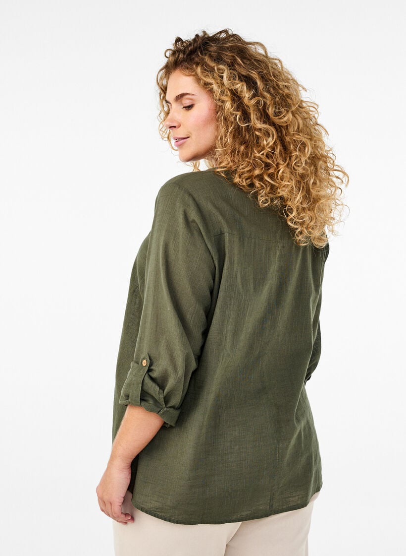 Chemisier en coton avec un col en V, Vert, Model image number 2