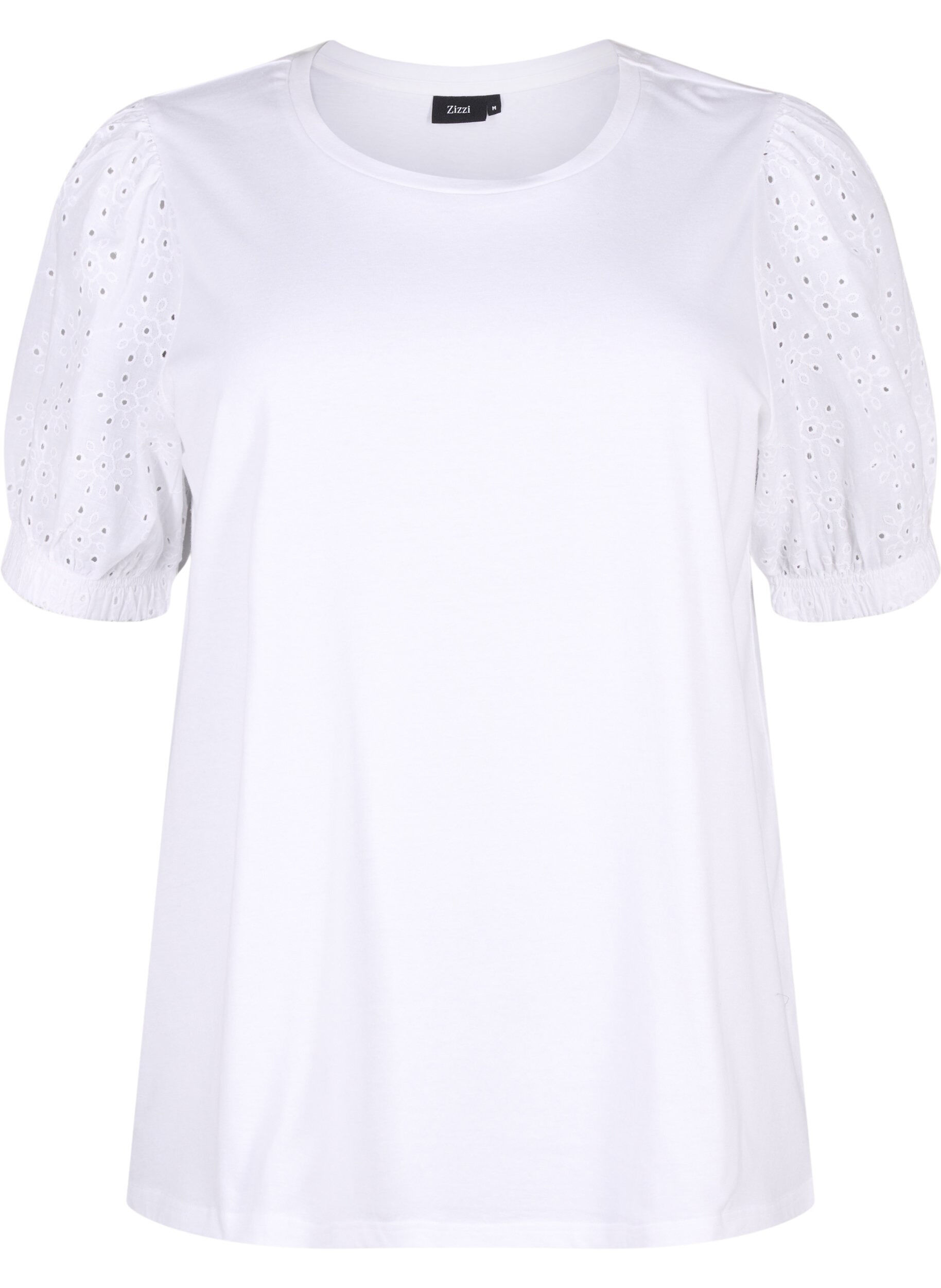 ZizziBiologisch katoenen blouse met broderie anglaise mouwen, Bright White, Packshot image number 0