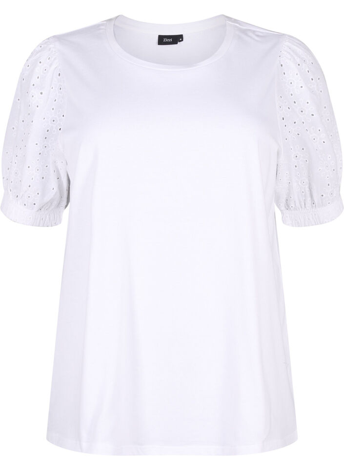 Chemisier en coton biologique avec manches en broderie anglaise, Bright White, Packshot image number 0