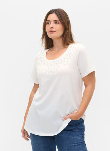 T-shirt en coton avec perles, Warm Off-white, Model image number 0