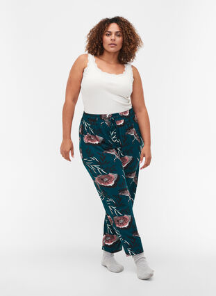 Pantalon de pyjama en viscose fleuri, Deep Teal Flower, Model image number 0
