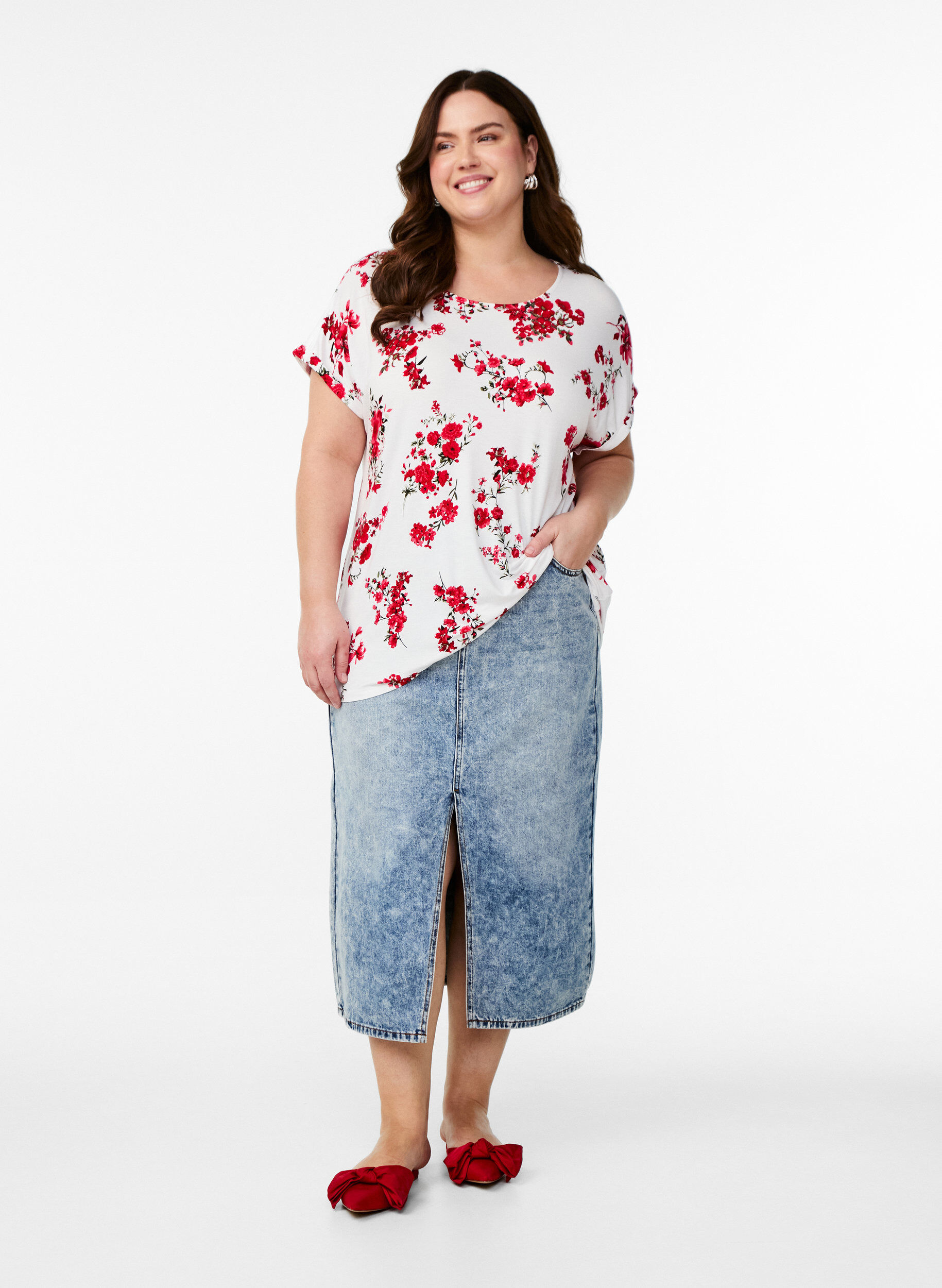 ZizziT-shirt met bloemenprint, Rood, Model image number 1