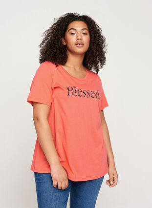T-shirt met print, Living Coral BLESSED, Model image number 0