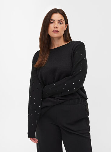 Blouse en tricot côtelée  avec des strass décoratives , Black, Model image number 0