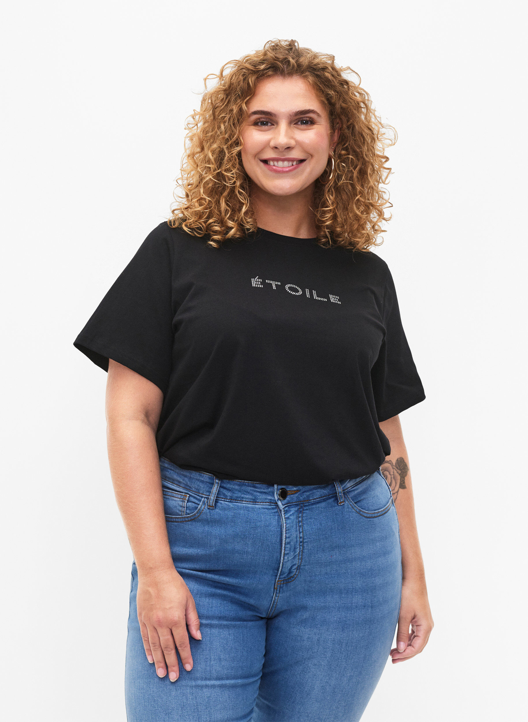 Zizzi T-shirt en coton biologique avec texte, Black &Eacute;TOILE, Model image number 0