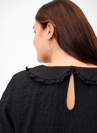 Geruite blouse met 3/4-mouwen en kraag met ruches, Black, Model image number 2