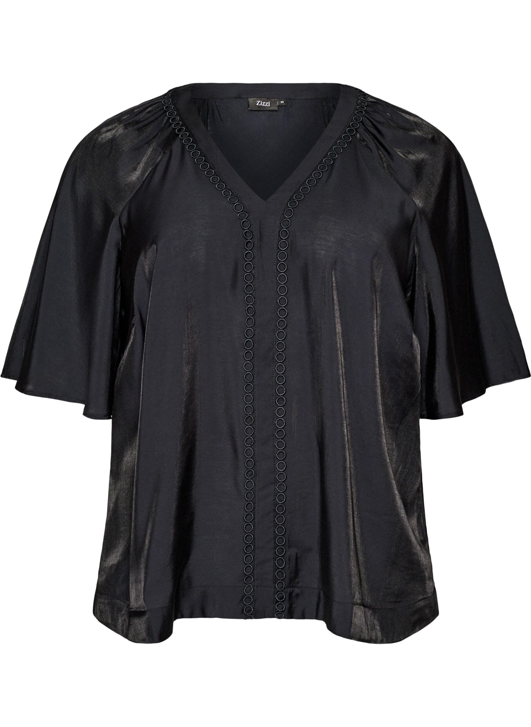 ZizziViscose blouse met V-hals en decoratieve details, Zwart, Packshot image number 0