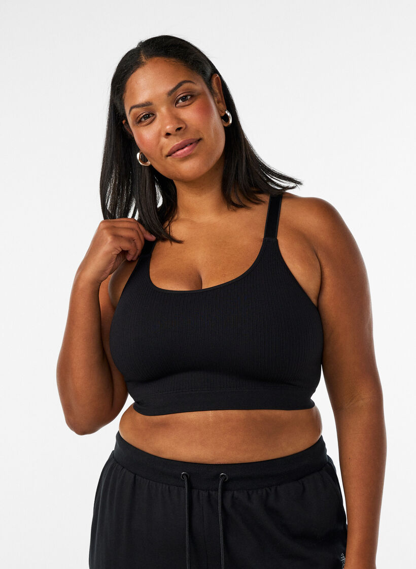Naadloze geribde sportbeha, Zwart, Model image number 0