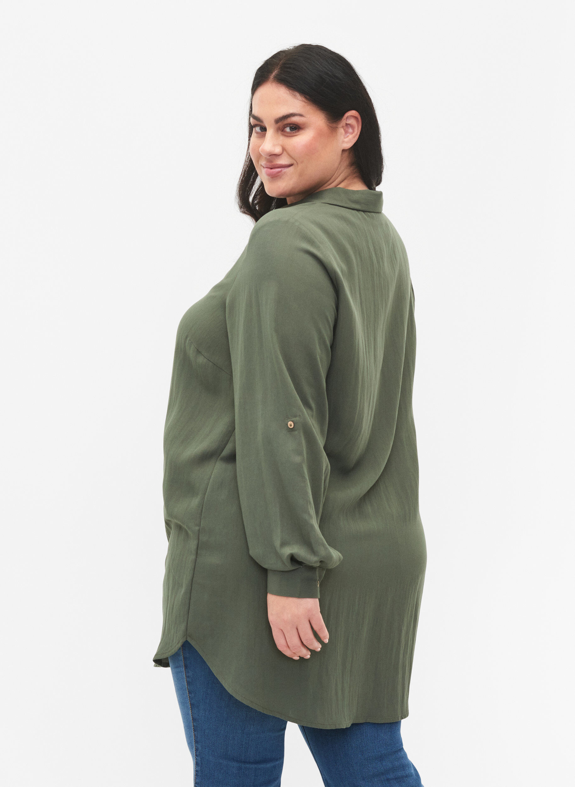 Zizzi Chemise longue en viscose unie, Thyme, Model image number 1