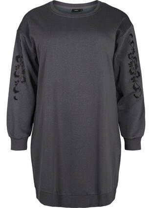 Sweater-jurk met geborduurde details, Dark Grey, Packshot image number 0