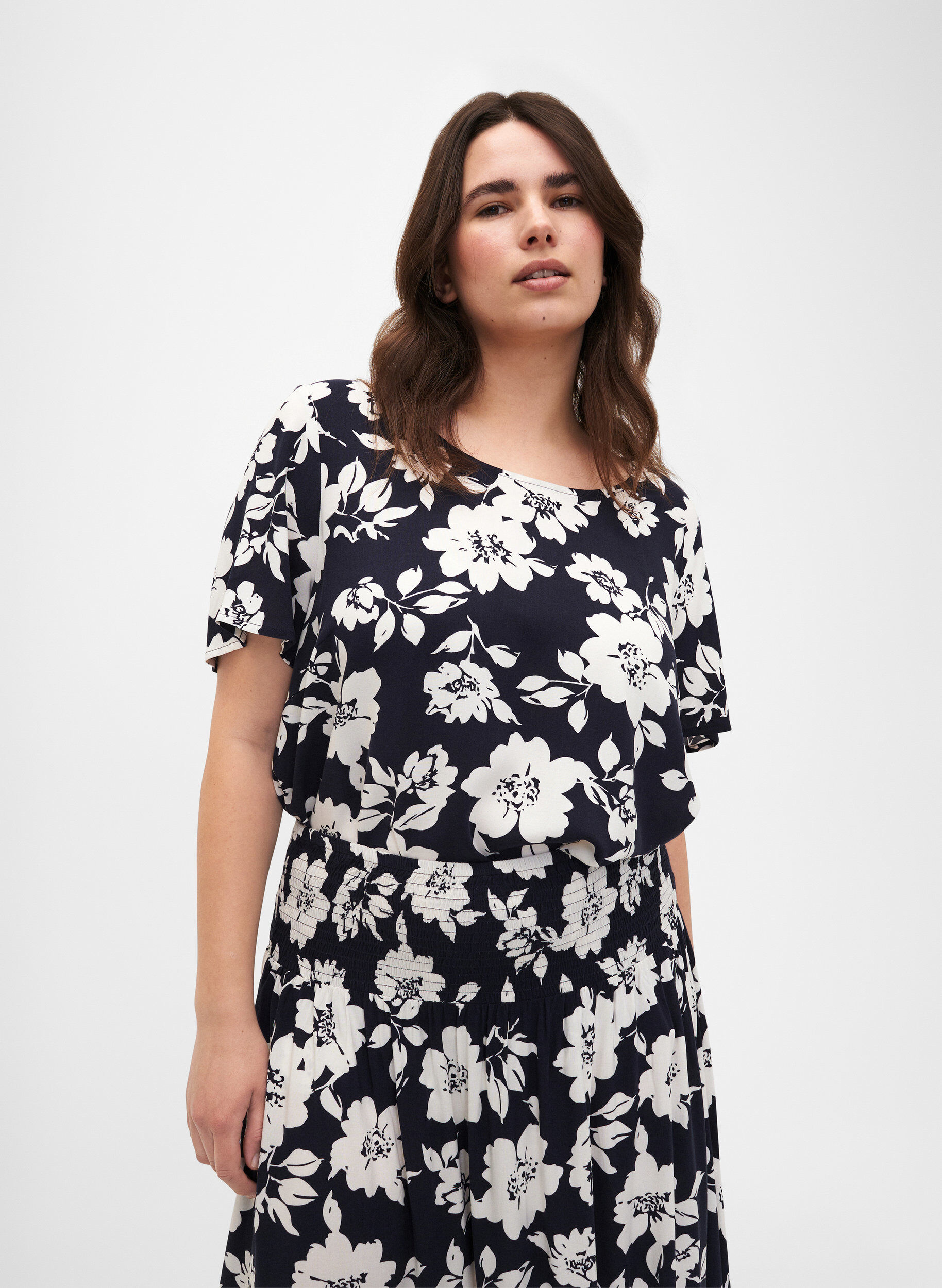 ZizziFLASH - Viscose blouse met korte mouwen en print, Blauw, Model image number 0