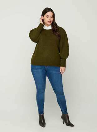 Blouse tricotée à manches ballon et laine, Ivy green Mel, Model image number 2