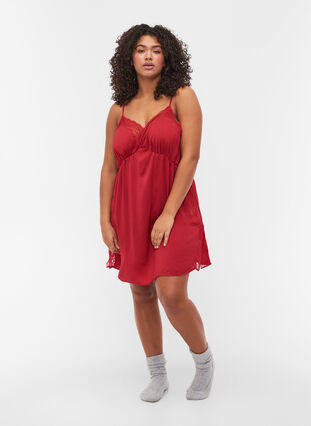 Pyjama jurk met kant en split, Rhubarb, Model image number 2