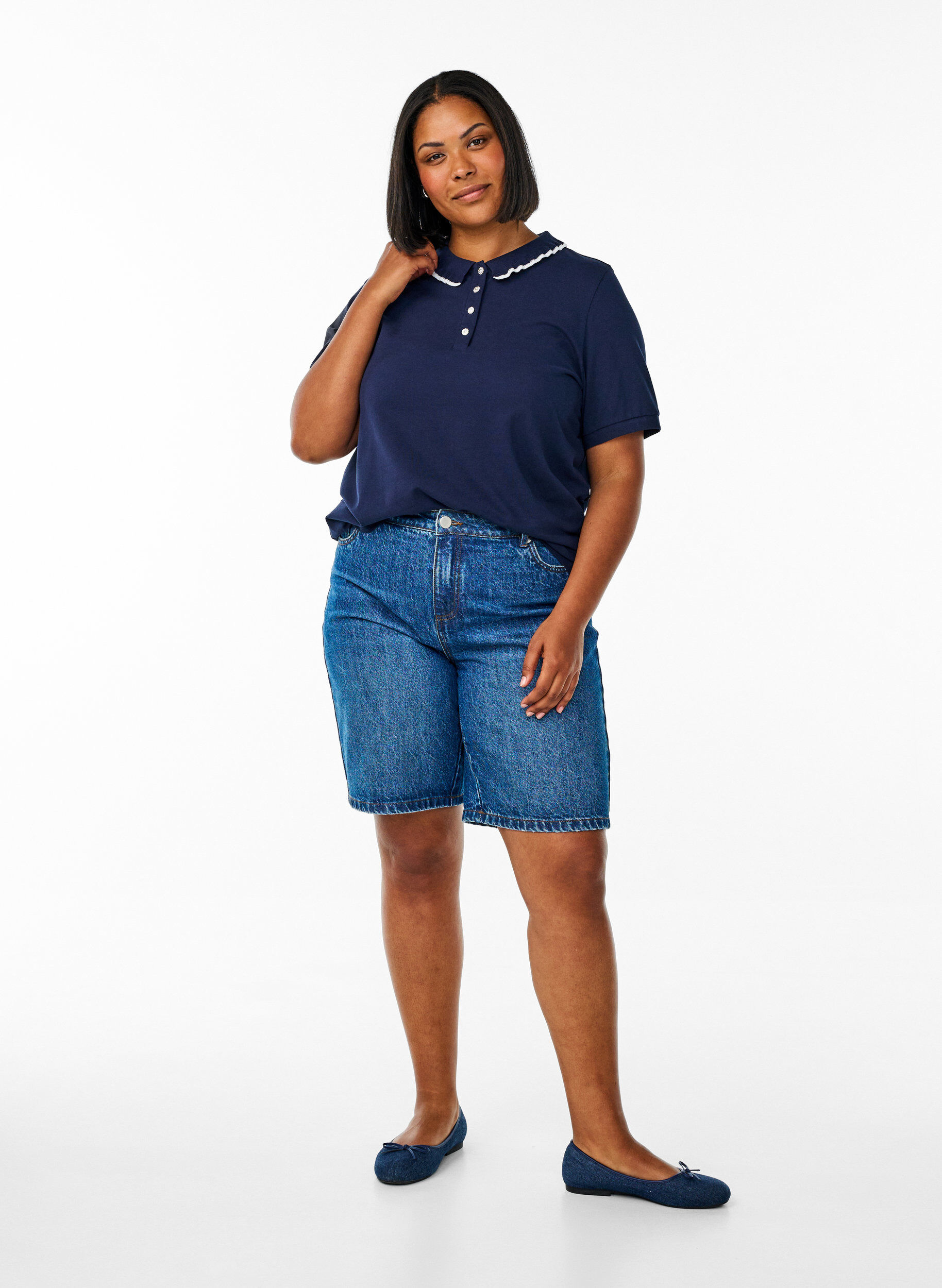 ZizziPolo shirt met strass knopen en ruches., Blauw, Model image number 1