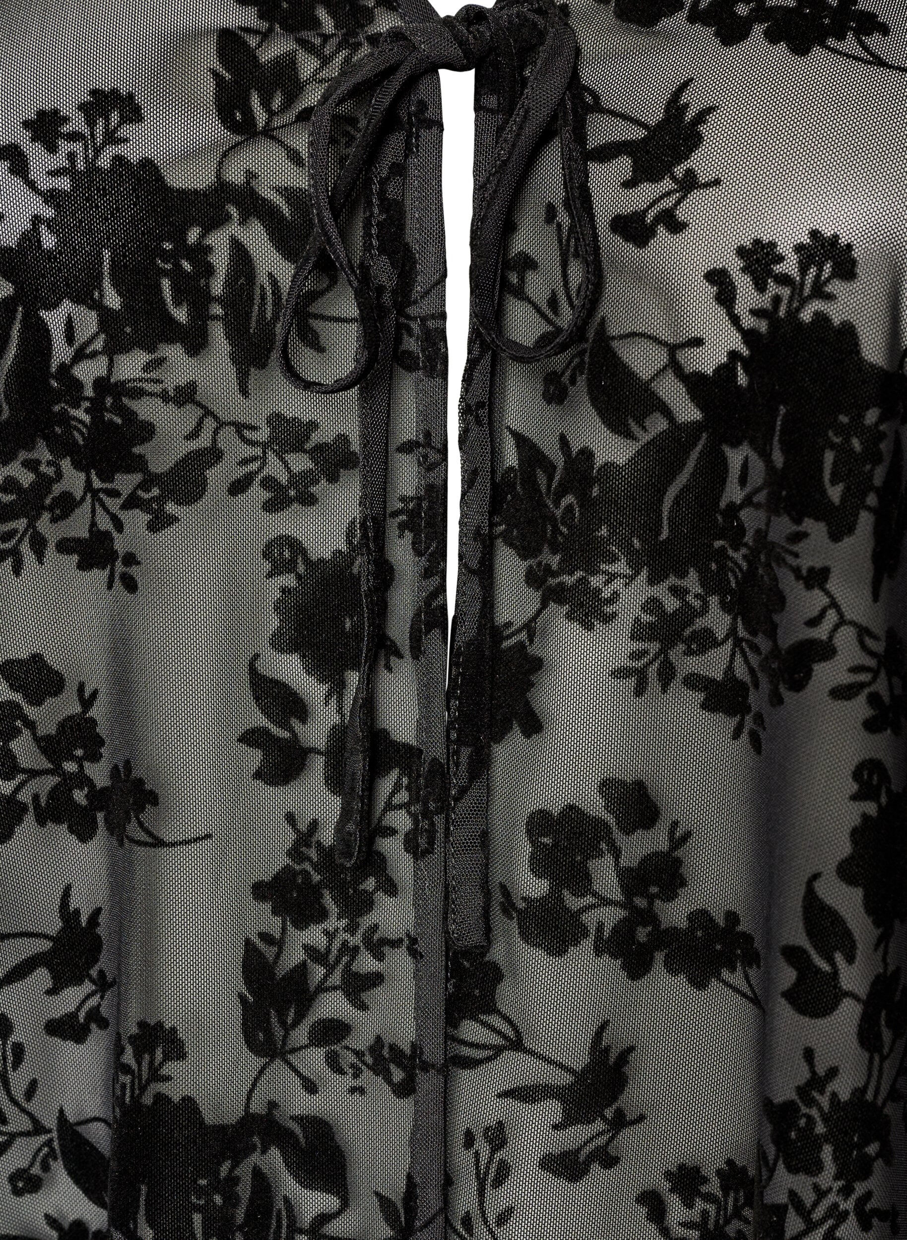 ZizziBlouse en maille ouverte devant avec motif floral, Noir, Packshot image number 2