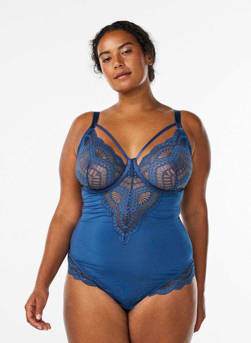 Body en dentelle à armatures avec jeu de lanières, Bleu, Model image number 0