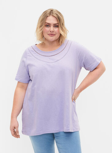 T-shirt en coton avec ruban en dentelle, Lavender, Model image number 0